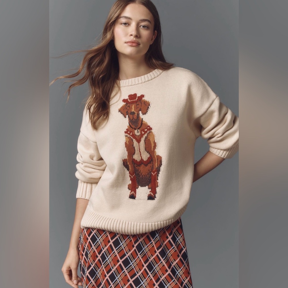Anthropologie Porridge Jolene Pullover Sweater in Western Dog Motif NEW